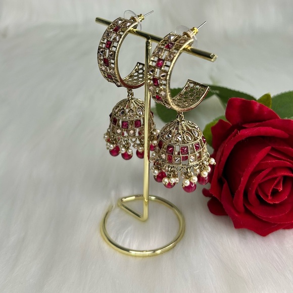 Elegant Hot Pink And Gold Jhumka Earrings - Picture 6 of 8